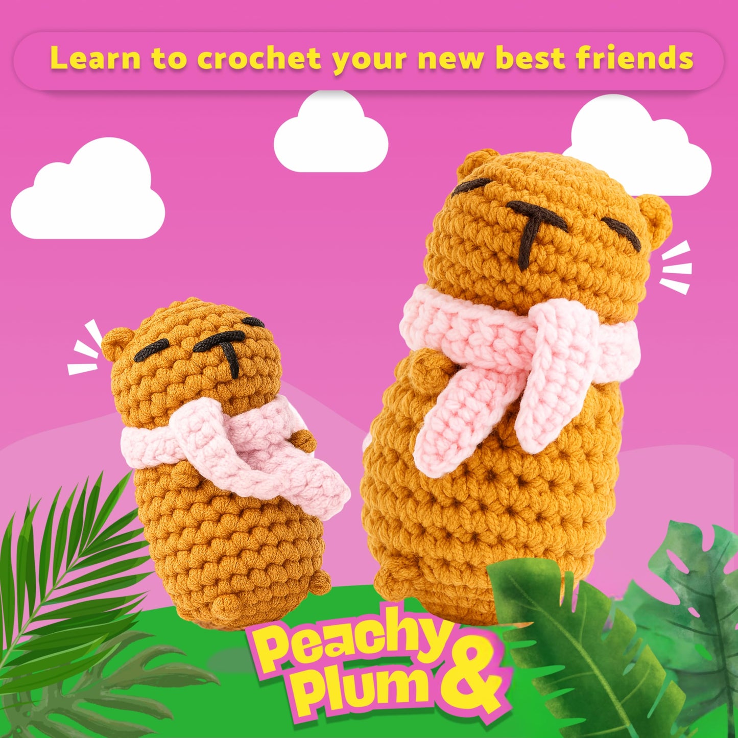 Berstuk Peachy & Plum – Snuggly Capybara Crochet Kit for Beginners – Easy Amigurumi Animal Kit with Yarn, Hook, Keychains & Step-by-Step Tutorials – Adorable DIY Gift for Teens & Adults