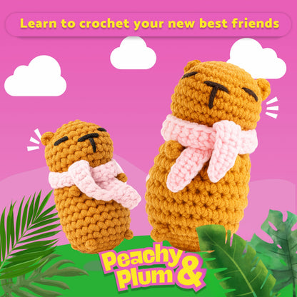 Berstuk Peachy & Plum – Snuggly Capybara Crochet Kit for Beginners – Easy Amigurumi Animal Kit with Yarn, Hook, Keychains & Step-by-Step Tutorials – Adorable DIY Gift for Teens & Adults