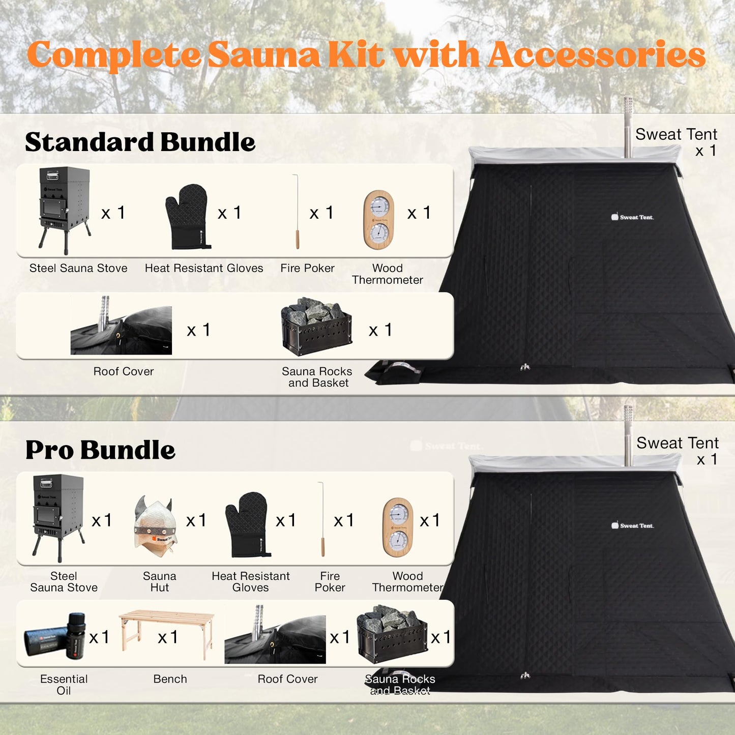 SweatTent Portable Outdoor Sauna (Extra Large) Standard Bundle – Complete Kit with Stove, Sauna Rocks, Basket, Gloves, Fire Poker, Thermometer, Quick Assembly, 10 Adults, Backyard & Camping