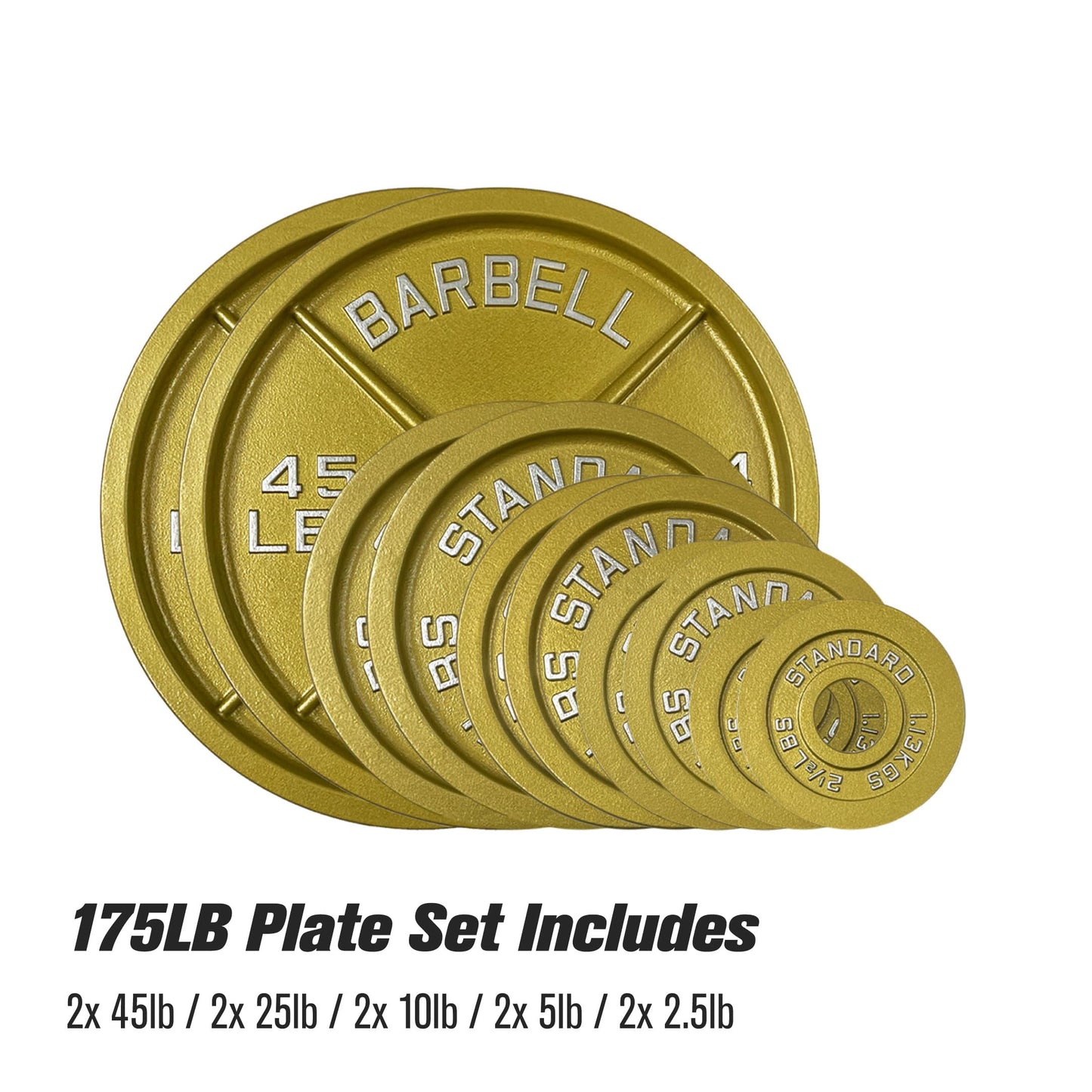 Gold Finish Olympic Steel Plates - Pairs and Sets 2 Inch Barbell Standard in Premium Gold for Weight Lifting (175lb Set)