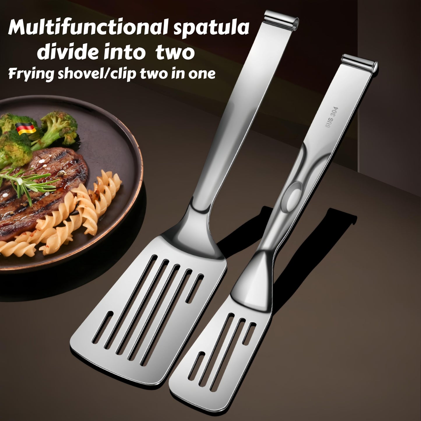 Huakai New Kitchen Cooking Tongs, Multifunctional Frying Spatula with Detachable Design, 304 Stainless Steel, Perfect for Grilling, Cooking, Frying, and Griddling (12.8 Inch)