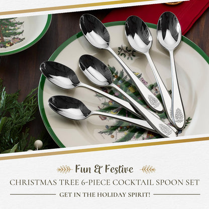 Spode Christmas Tree Cocktail Spoons | Christmas Dessert Spoons | Flatware Set for 6 | 18/10 Stainless Steel Utensil