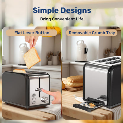 YSSOA Stainless Steel Toaster 2 Slice, Extra Wide Slot, Removable Crumb Tray, 6 Shade Settings, Compact Oven, Black