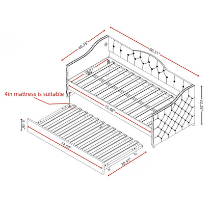 GDFStudio Twin Size Bed Frame with Trundle, Upholstered Twin Daybed with USB Charging Station, Diamond Tufted Velvet Sofa Bed, Wood Platform Twin Bed Frame with Solid Slat, No Box Spring Needed, Gray