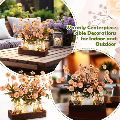 Suncalla 3 Pcs Summer Mason Jar Centerpiece Table Decorations Khaki Faux Kiku Flowers Decorations with Wood Tray and LED Light for Dining Kitchen Bathroom Farmhouse Coffee Table Decor