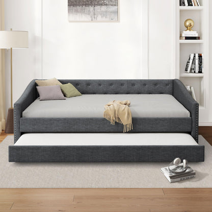Ball & Cast Full Size Upholstered Tufted Daybed with Twin-Size Trundle, Bed Frame w/Button Tufted Back and Waved Shape Arms,for Bedroom,Guest Room,Apartment,Dark Grey
