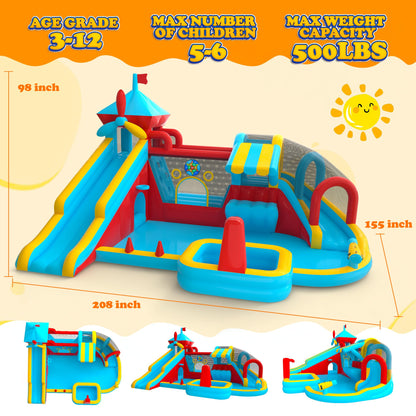 Inflatable Bounce House with Double Slide, Water Slide with Jumping Area, 10 in 1 Large Bounce Castle, Splash Pool, Climbing Wall, Toy Stand, Water Cannon, Basketball, Tunnel, Outdoor, Indoor, Blue
