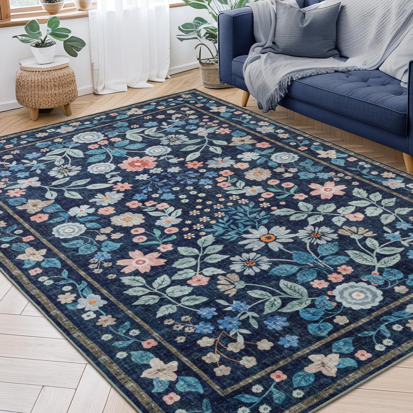 5x7 Blue,5'x7' YIHOUSE Blue Area Rug, Washable Bedroom Rug Floral Non Slip Soft, Colorful Flower Throw Carpet