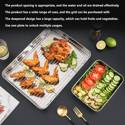 Stainless Steel Roasting Pan with Rack, Non Stick Surface, 5cm Deep Edges for Cooking and Baking (23.5 * 17.5 * 5CM)