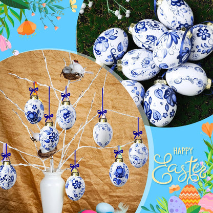 9 (9 Funtery Pcs Chinoiserie Porcelain Blue and White Easter Egg Hanging Pendants - Decorative Hanging Ornaments