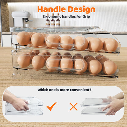 SMRCAD Egg Holder for Fridge, Automatic Steady Rolling Egg Dispenser with Silicone Bumpers & Handle for Refrigerator, Large Capacity Egg Organizer with Lid