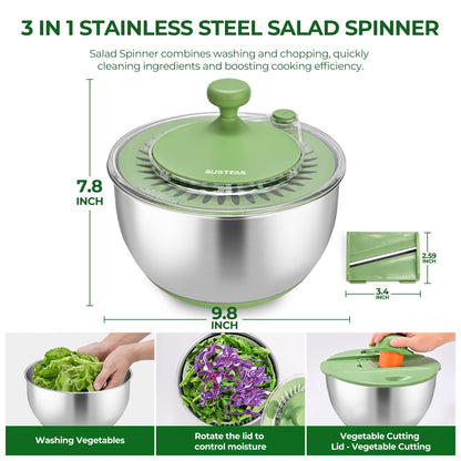 SUSTEAS Stainless Steel Salad Spinner Large, Vegetables Wash Bowl, Fruits & Herb Lettuce Dryer with 5 Blade Slicer Egg Yolk Strainer Shredder for Efficient Salad Preparation and Food Washing, 4.25Qt