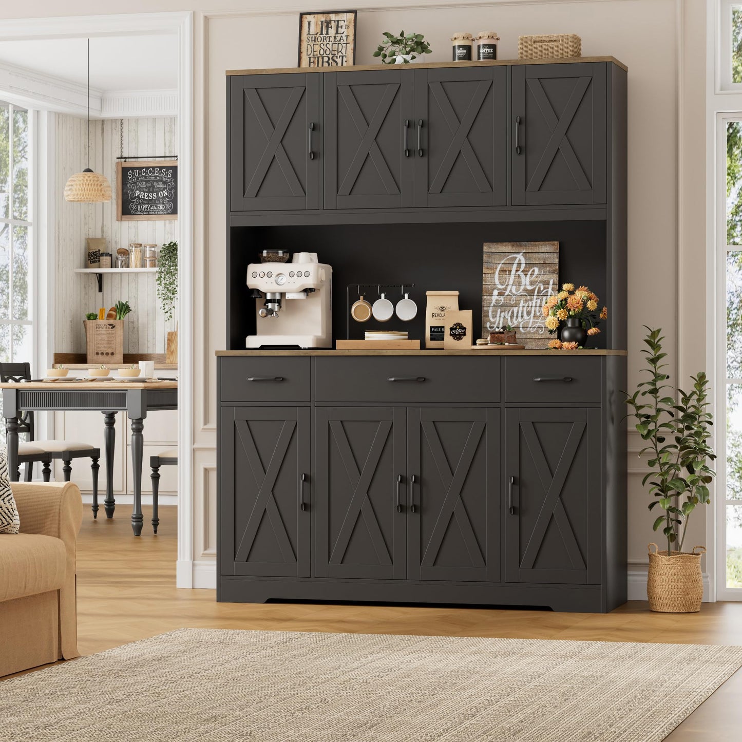 HOSTACK 71" Tall Pantry Cabinet with Charging Station, 55" Wide Kitchen Pantry Storage Cabinet with Countertop, Large Kitchen Hutch with Storage Drawers and Microwave Stand for Dining Room, Black
