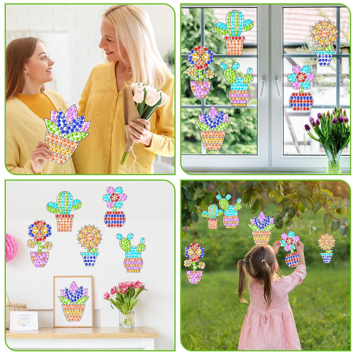 Qyeahkj 6Pcs Spring Arts Crafts Kit for Kids DIY Window Suncatcher Potted Gemstone Stickers Plant Gem Diamond Painting Gifts for Girls Boys School Home Activity Birthday Party Supplies