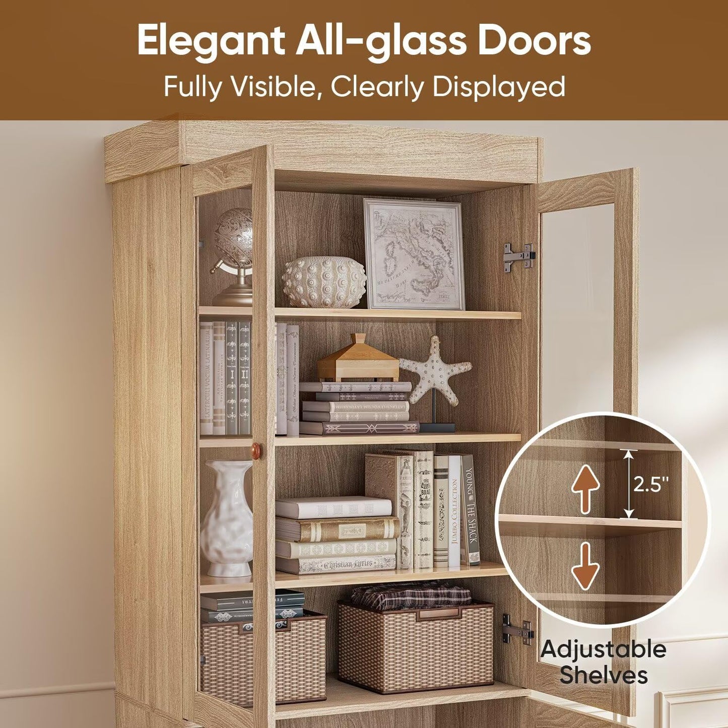 ivaniti 71" Farmhouse Bookcase with Glass Doors & Drawers, Tall Wooden Storage Cabinet with Adjustable Shelves for Living Room, Kitchen, Home Office, Dining Room – Rustic Brown, Set of 4