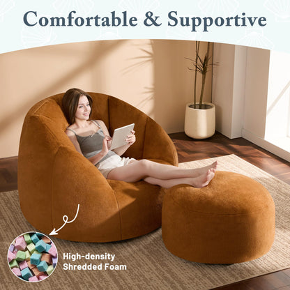 GRANDJOY Oversized Bean Bag Chair with Ottoman, Premium Foam Filling, Relaxing Lounger for Adults & Kids, Orange