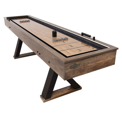 American Legend Kirkwood 9’ Shuffleboard Table with LED Rails, Bowling Game Set, Rustic Wood Finish & Accessories Included