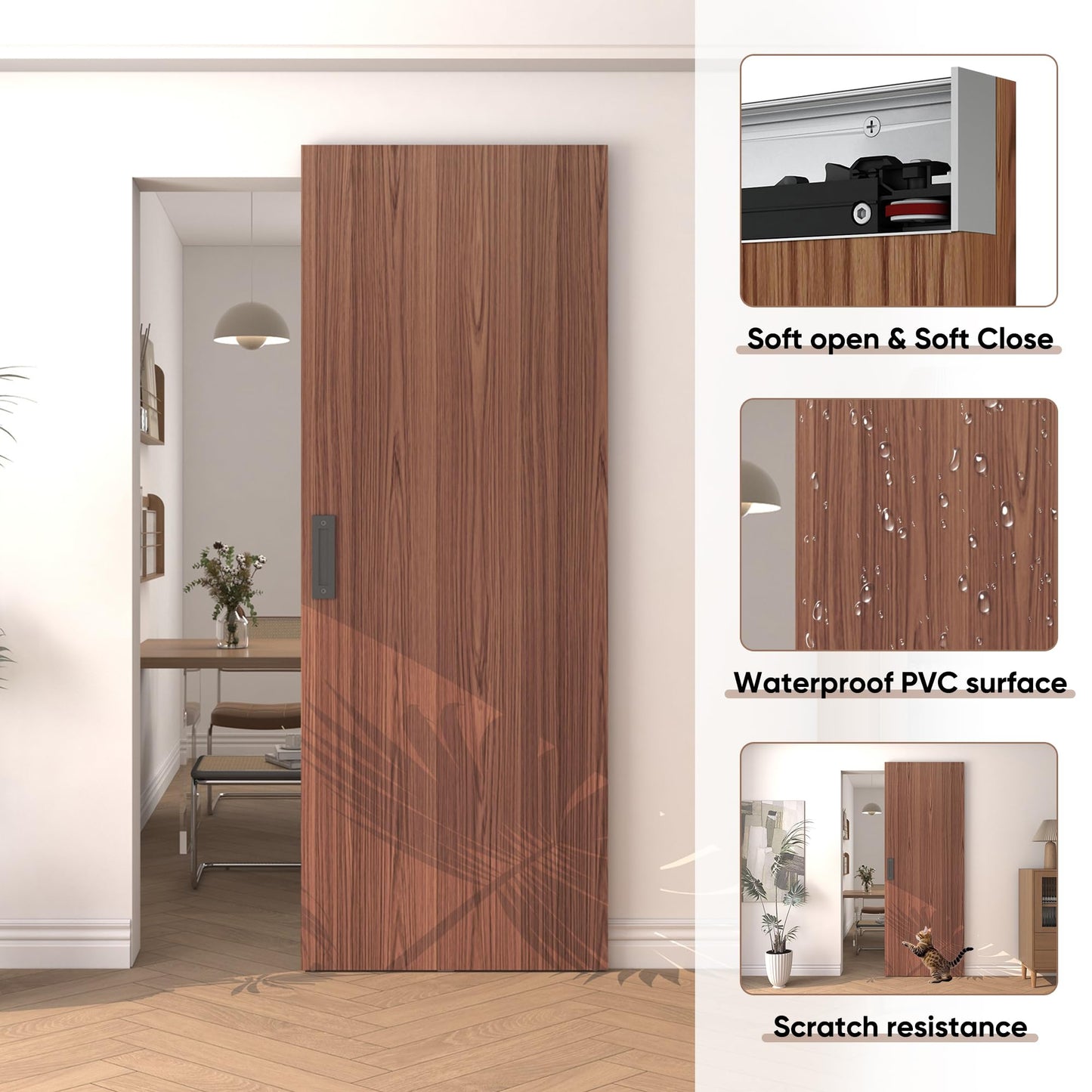JUBEST 32"x86" Concealed Sliding Barn Door with Soft Close Hardware Kit, Brown Hidden Door for Opening 24"-28"x84", Waterproof and Modern, Smooth Sliding, for Interior Using, Widely Used
