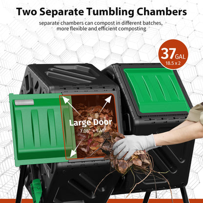 Compost Bin Outdoor, 2 Separate Tumbling Chambers, 37Gal Lagre Compost Tumbler with Sliding Door and Aeration System, 360° Rotating, Tumbling Composter Bin for Kitchen, Garden, Yard, Black Green