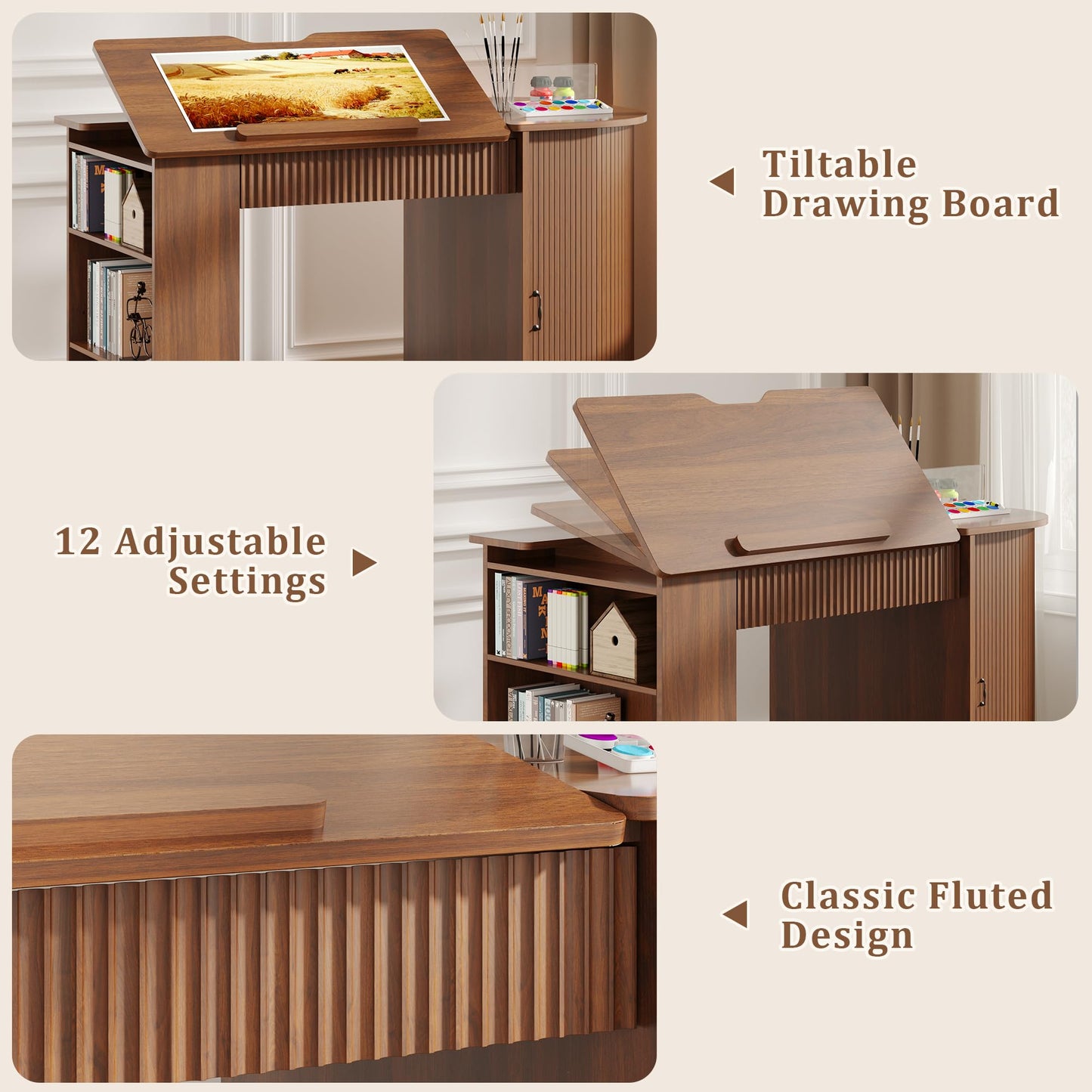 Lurinthal Drafting Table with Storage Cabinet & Drawers, Crafting Table with Open Shelves, Fluted Drawing Desk Computer Desk for Artists, Painters, Drawing, Crafting, Reading, Writing, Working
