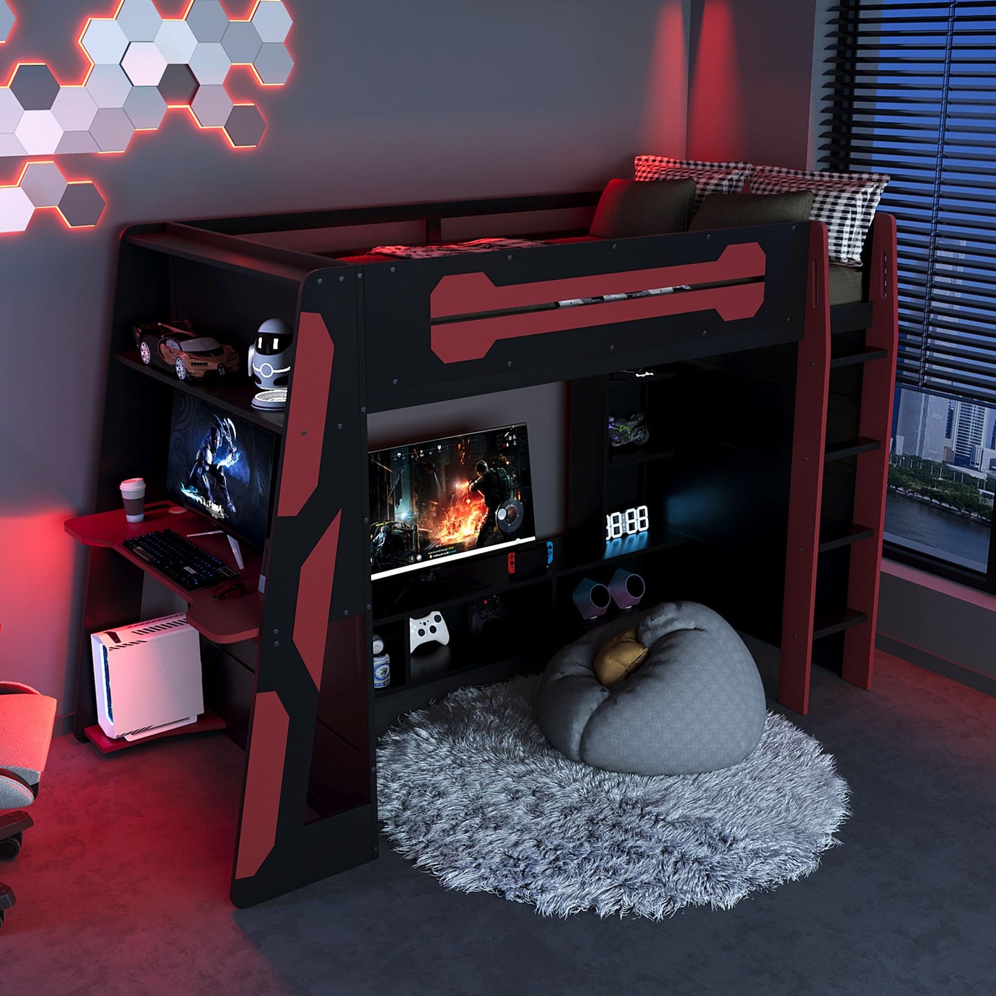 DNYN Gaming Loft Bed with Built-in Desk and Multi-storage Shelves for Teens/Adults Bedroom Dormitory, Space-saving Twin Size Wooden Bed Frame with LED & Guardrail, No Box Spring Needed & Easy Assemble