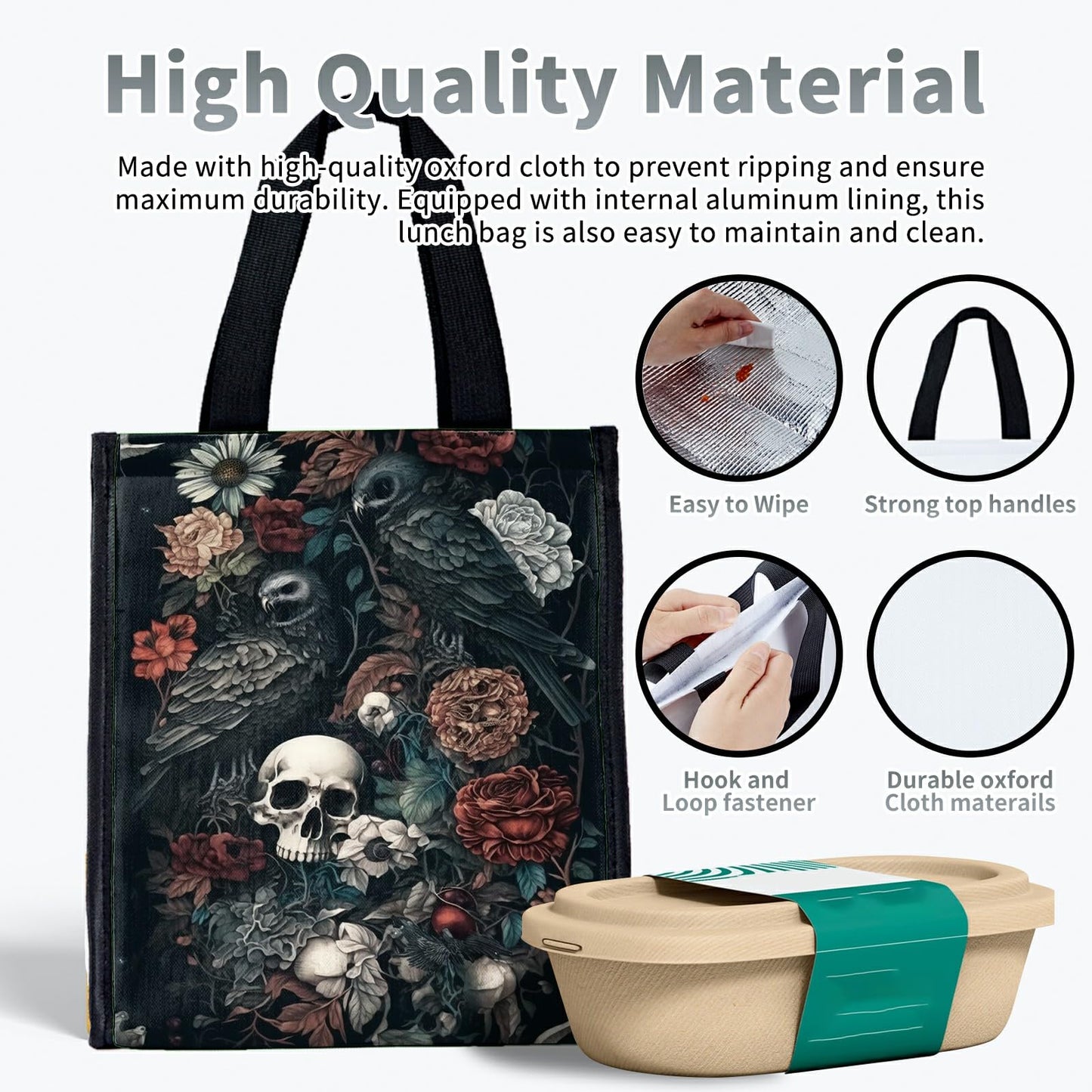 SROJDHFJB Lunch Bags Dark Skull Flower Eagle Cute Women Lunch Box Large Reusable Insulated Tote for Work, Beach, Travel