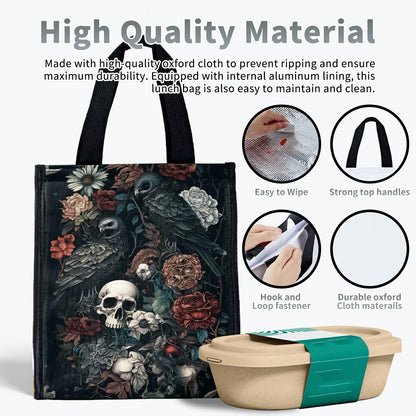 SROJDHFJB Lunch Bags Dark Skull Flower Eagle Cute Women Lunch Box Large Reusable Insulated Tote for Work, Beach, Travel