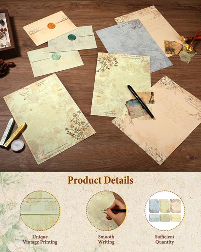 Comealltime 73Pcs Vintage Paper and Envelopes Set, 30 Stationary Letter and Envelopes, 8 Wax Seal Sticks, Wax Spoon, Rosemary Stamp and 2 Tea Candles for Wedding Party Invitation Love Xmas Letter