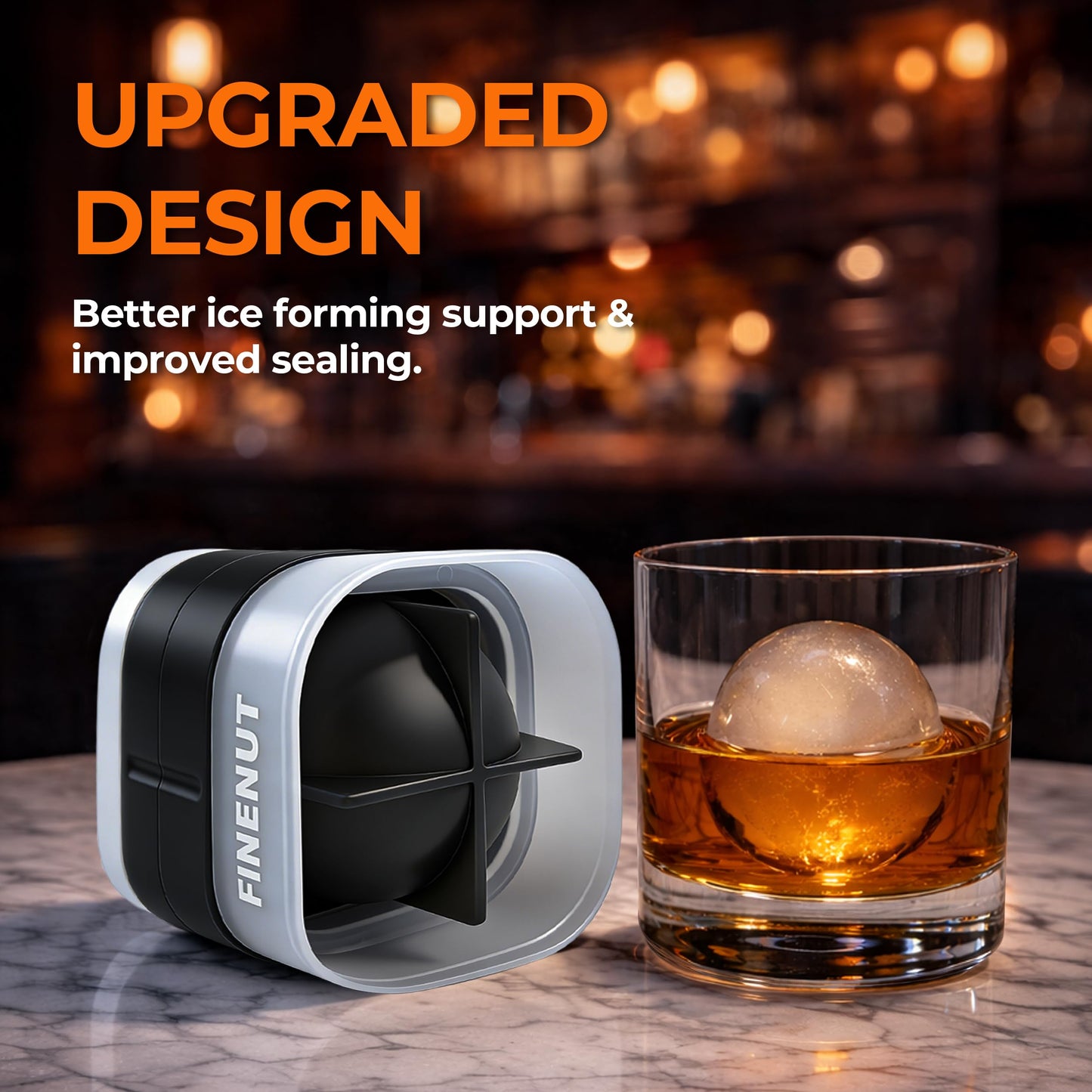 FINENUT Easy Release Ice Ball Maker Mold, 4 Pack, 2.5 Inch Large Round Ice Cube Mold for Whiskey & Cocktails, Stackable Lid, Reinforced Leak-Resistant Silicone, BPA-Free