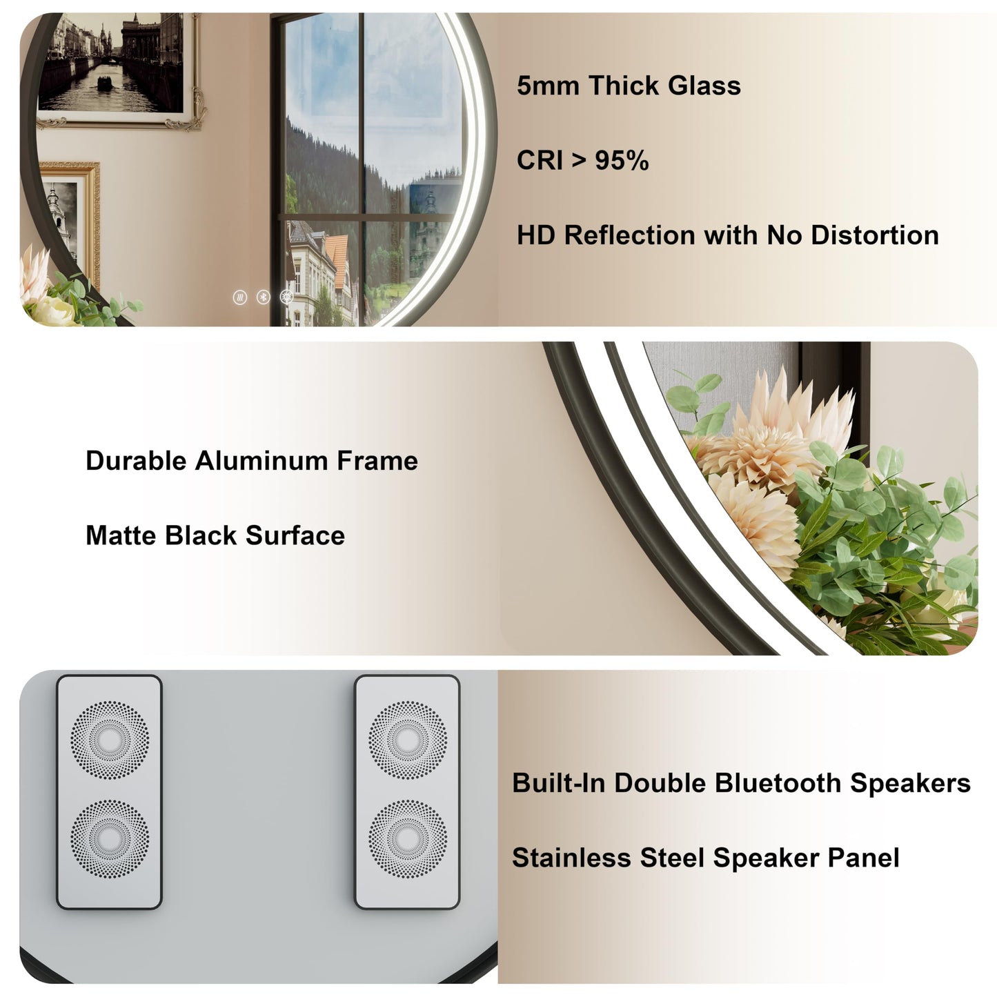 JSneijder 36 Inch Bluetooth Bathroom Mirror with LED Lights, Black Frame Round Vanity Mirror with Lights and Bluetooth, Anti-Fog, Dimmable, 3000K/4500K/6000K, CRI 90+,Memory Function