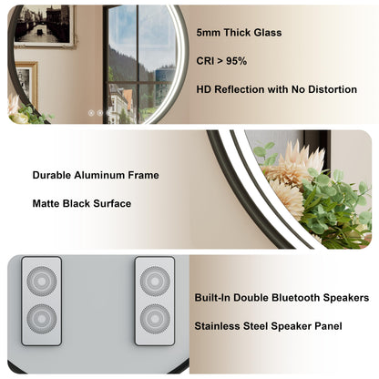 JSneijder 36 Inch Bluetooth Bathroom Mirror with LED Lights, Black Frame Round Vanity Mirror with Lights and Bluetooth, Anti-Fog, Dimmable, 3000K/4500K/6000K, CRI 90+,Memory Function