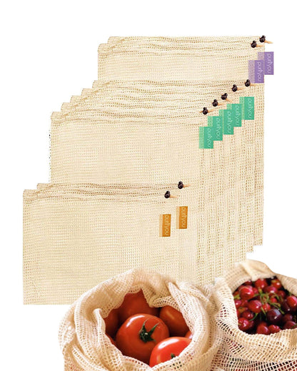 purifyou Set of 9 Reusable Produce Bags, Heavy Duty Washable Mesh Grocery Bag with Drawstring, Ideal for Farmers Market, Beach, and Refrigerator Storage (Extra Large, Large, Small)