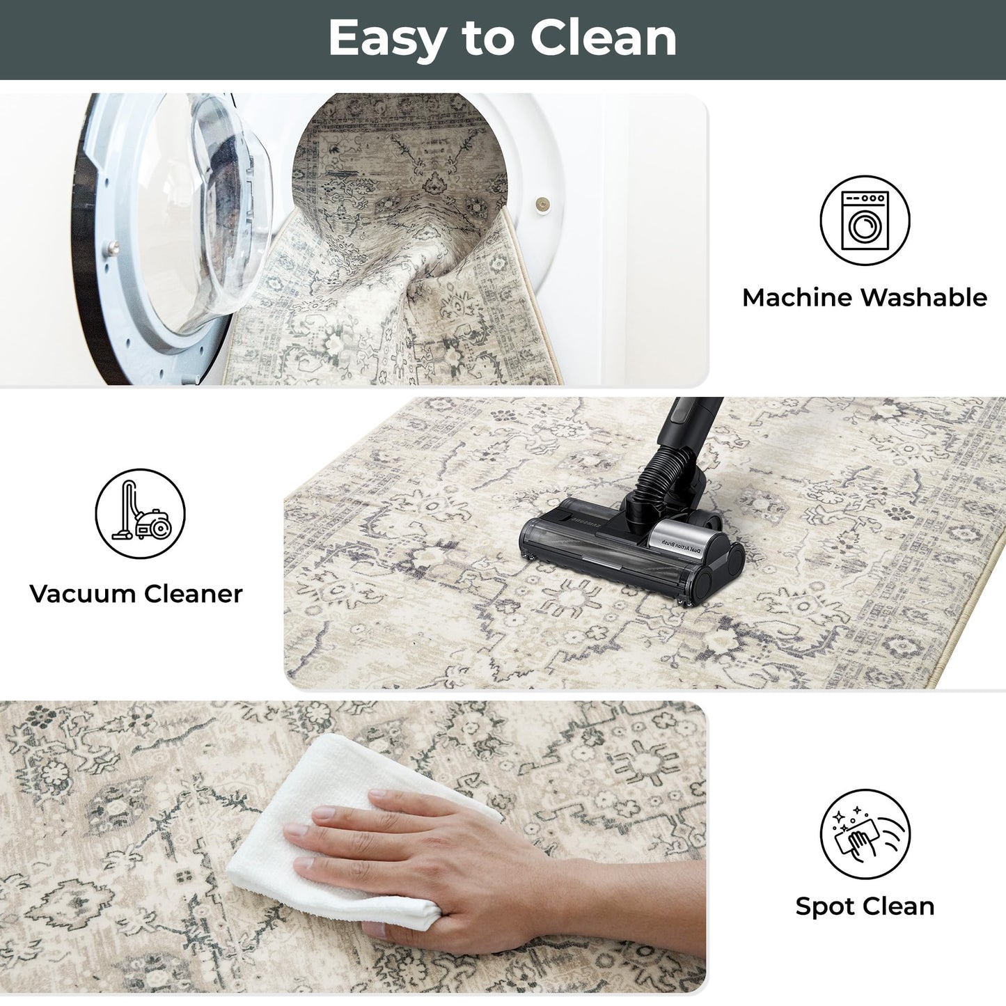 GRANNY SAYS Boho Kitchen Rug Sets of 3, Non Slip Washable Faux Wool Kitchen Mats for Floor, Thick Soft Anti-Fatigue Comfort Standing Mat Runner Rugs for Hallway Laundry Room, Beige
