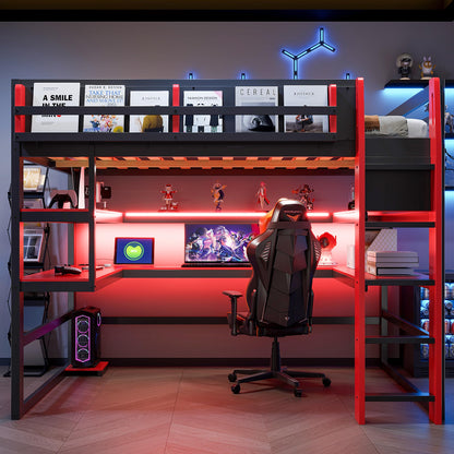 DNYN Gaming Loft Bed with Built-in Desk and Storage Shelves for Teens/Adults Bedroom, Space-Saving Full Size Wooden Bed Frame with LED & Side Race, No Box Spring Needed
