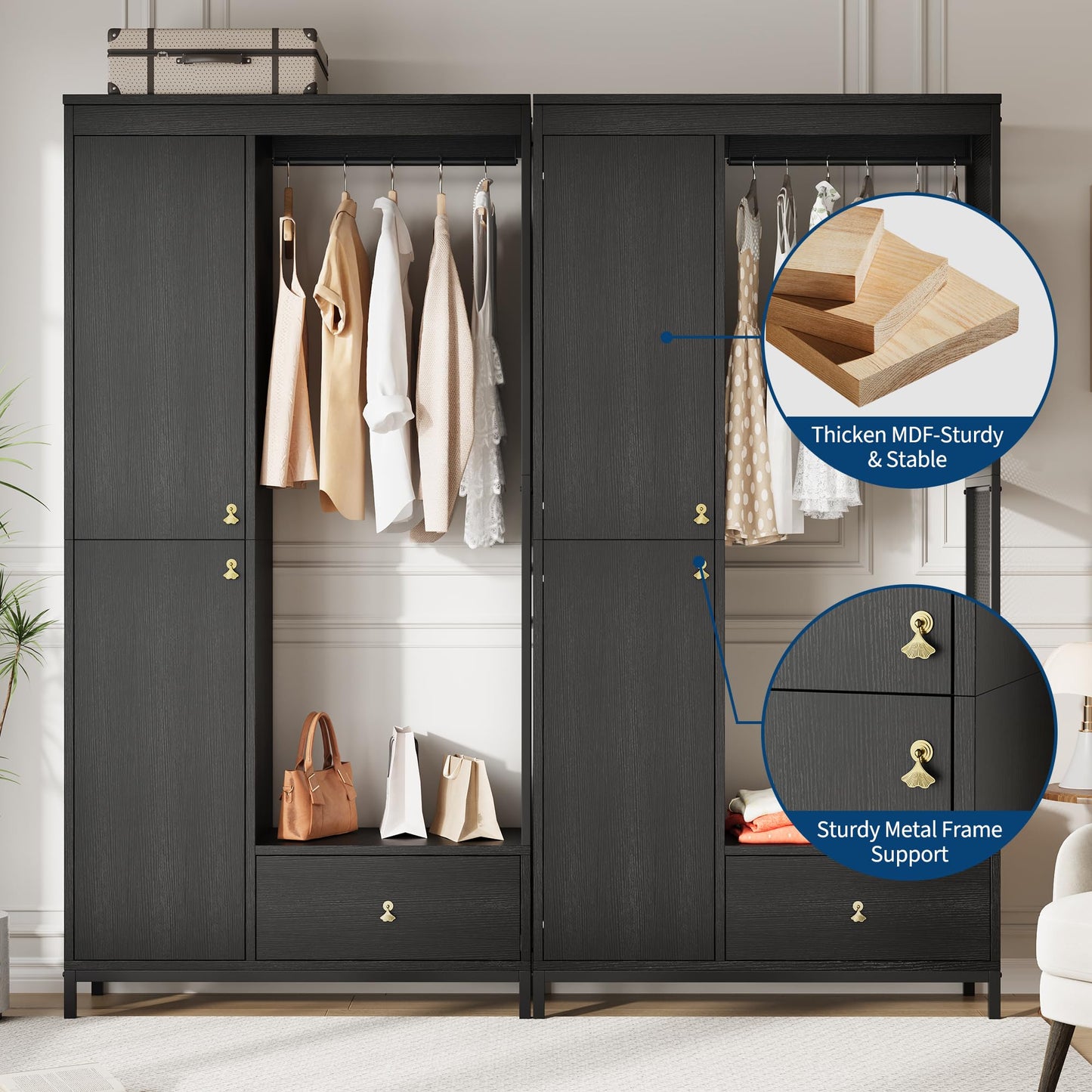 78.9" Armoire Wardrobe Closet with Shelves and Hanging Rod, Large Fixed Compartment for Bedding & Luggage, Open Design of the Hanging Area, Metal Frame Wardrobe Cabinet for Bedroom (1 Drawer, Black)