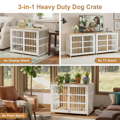 42" Furniture Style Large Dog Crate with Wheels, Metal Chew-Resistant Dog Kennel Indoor for Large & Medium Dogs, 41.9" W x 28.3" D x 31.7" H, Decorate House as TV Stand, End Table — Natural and White
