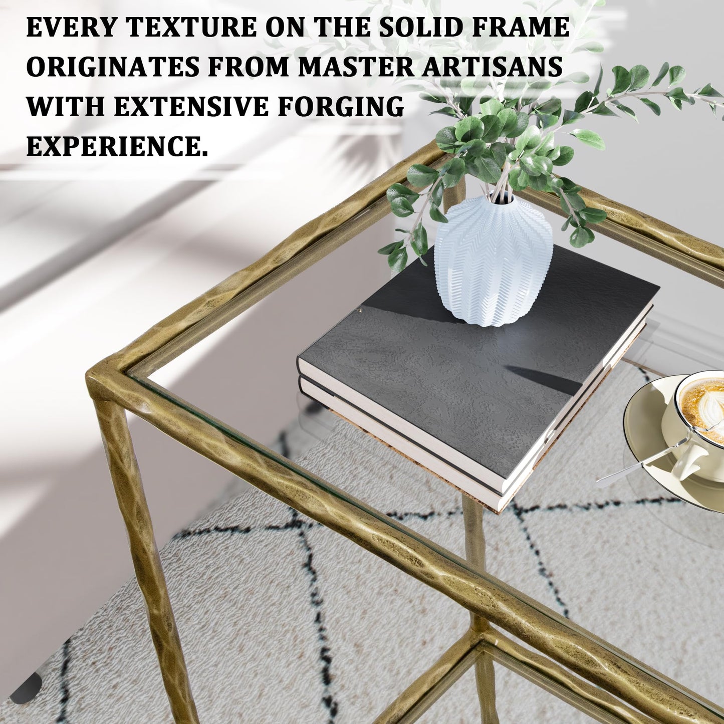 BEGINS Hand Forged Side Table 2 Tier, Vintage End Table Glass Top Coffee Table, Accent Table with Solid Hammered Frame, Suitable for Living Room, Bedroom, Study Room, Entryway (Gold, Rectangle)