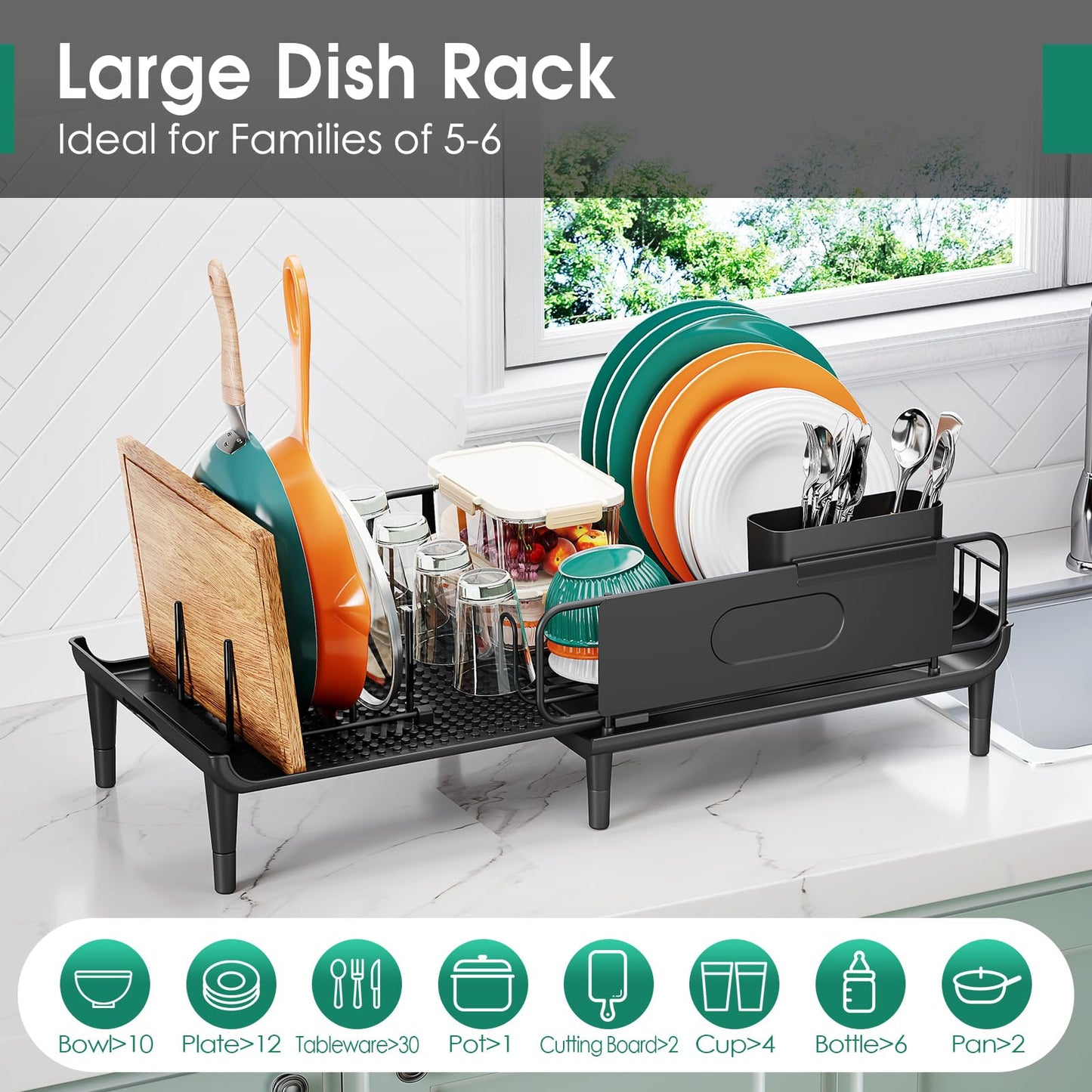 Extendable Dish Drying Rack for Kitchen Counter, Large Expandable Dish Rack with Multifunctional Drainboard for Pan Pot, Collapsible dish drainer, Foldable Plate Strainer for Home Countertop Storage