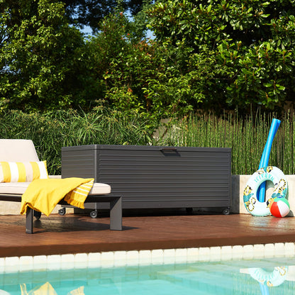 MIRADOR 281 Gallon Outdoor Storage Box with Wheels & Soft-Close Lid, Waterproof Metal Deck Box for Patio Cushions, Garden Tools & Pool Accessories, Charcoal
