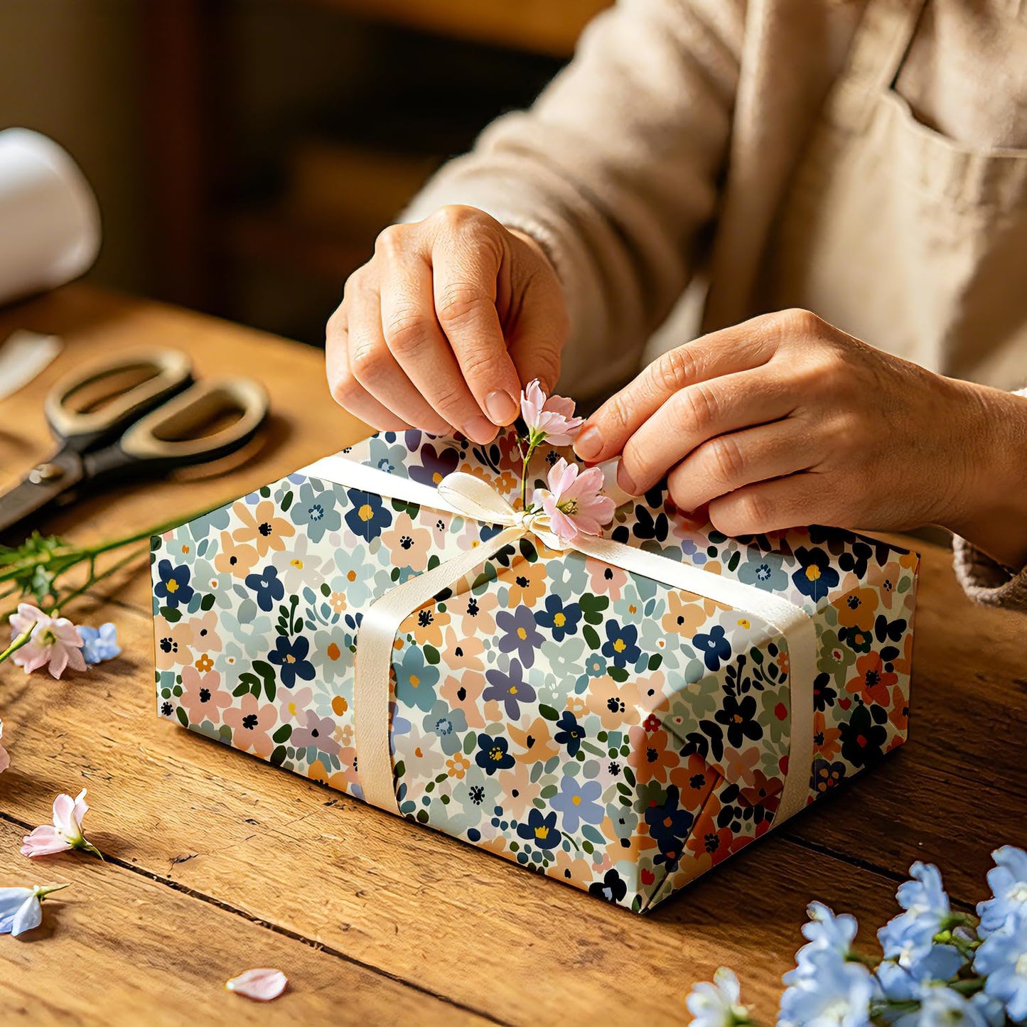 Fabllewavi 1 Roll Boho Floral Wrapping Paper Mini Roll - 17in x 32.8Ft Watercolor Boho Floral Patterns Gift Wrap Paper for Spring Birthday Wedding DIY Crafts Baby Shower Party Supplies