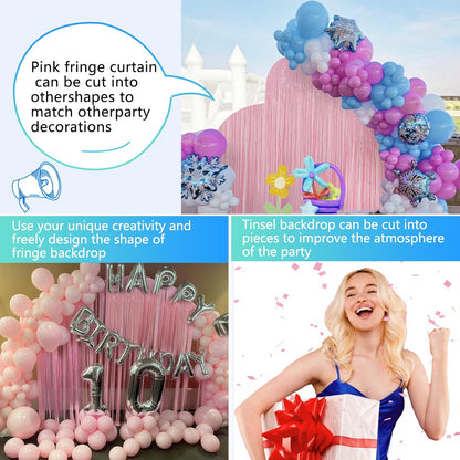 Skiennix Pastel Pink Birthday Party Backdrop - Foil Fringe Curtain 3.3x8.2ft | 2 Pack Streamers for Baby Showers & Bachelorette Celebrations