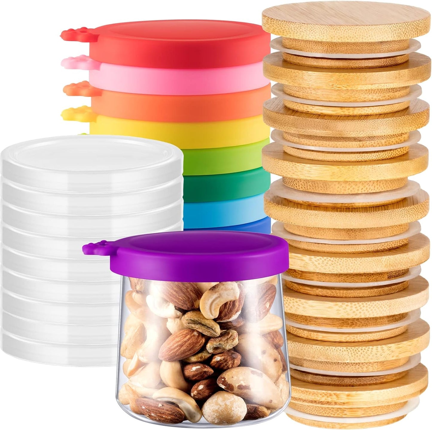 27 Mumufy Pcs Yogurt Jar Lids Clear Plastic Silicone Bamboo Wood Container Lids with Silicone Sealing Rings Reusable
