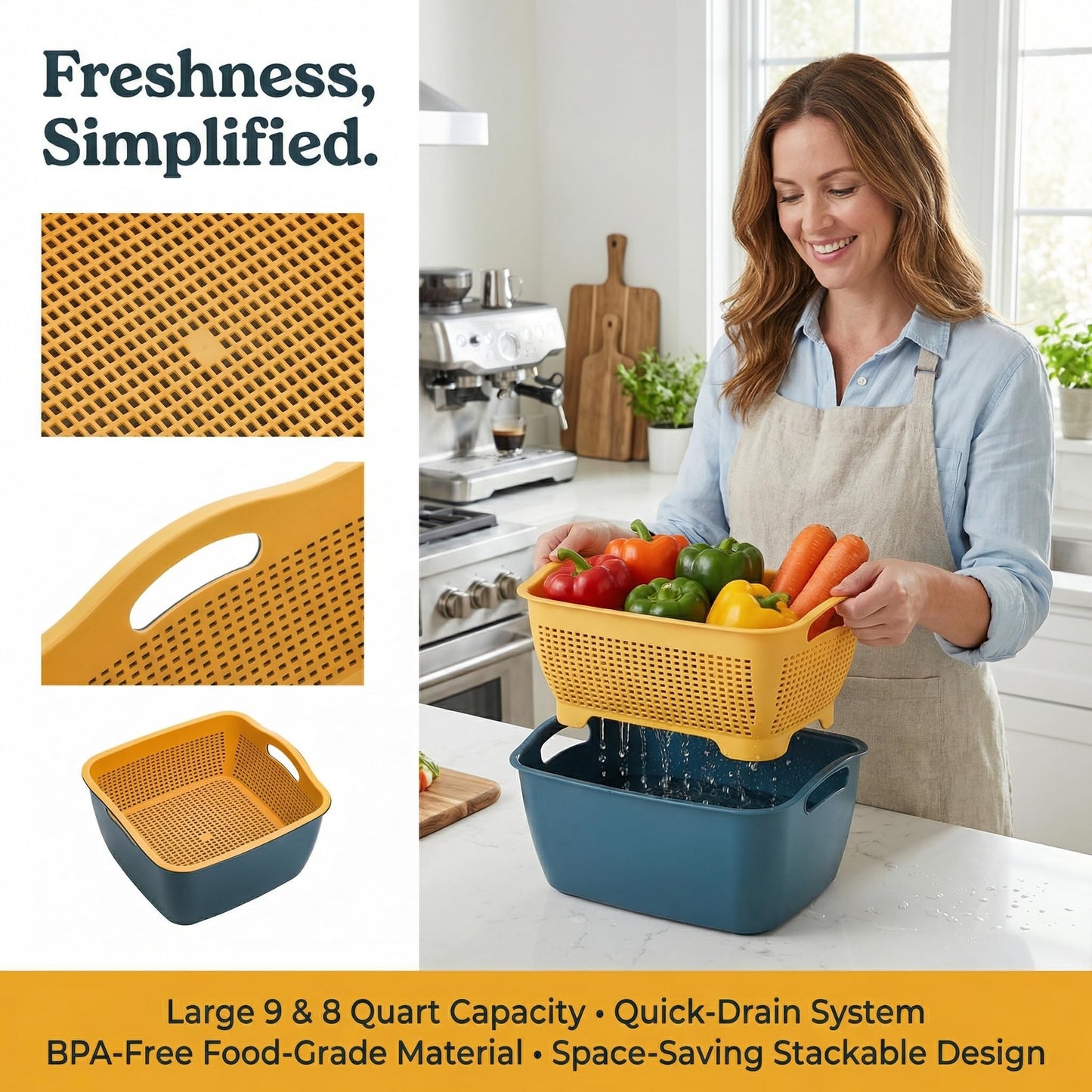 Jucoan 2 Pack 9 & 8 Quart Large Kitchen Strainer Colander Bowl Set, Double-Layer Plastic Fruits Vegetable Washing Basket, Drain Bowls for Cleaning Washing Mixing, Detachable (Blue, Orange)
