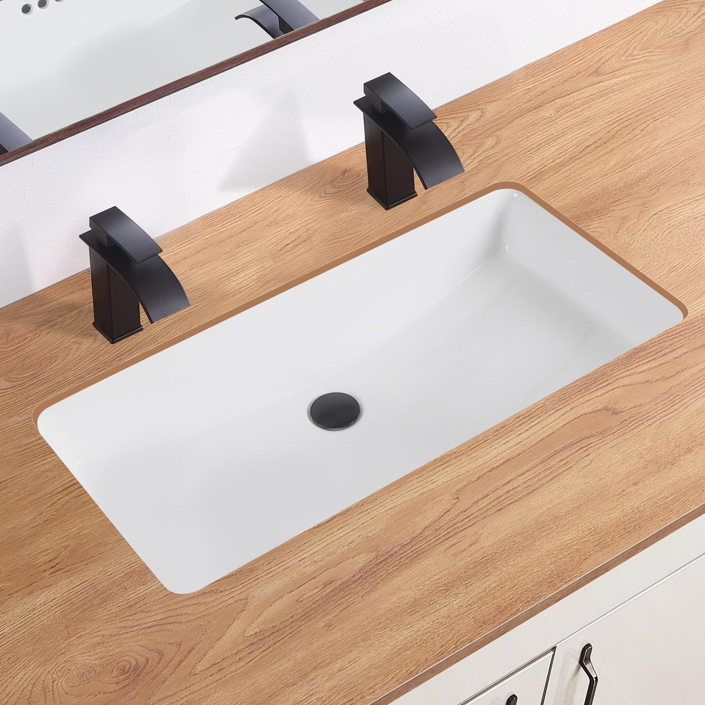 DEHOMEN 32 inch Undermount Bathroom Sink with Overflow for Shared Bathroom, Large Rectangular Single Bowl Vanity Basin For Modern Master Suite Double Faucet Setup, Porcelain Lavatory Vessel,White