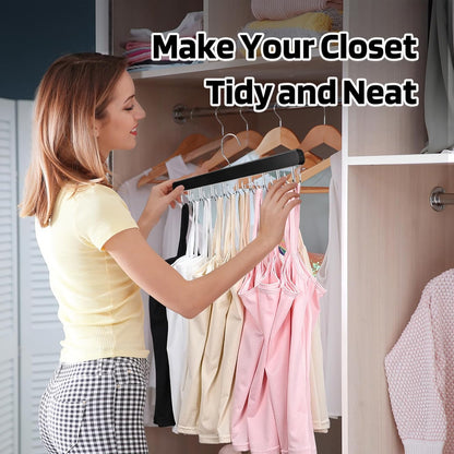 NECAMOCU Bra Hanger - Premium Wooden Closet Organizer with 36 Foldable Hooks | Space-Saving Design, Black