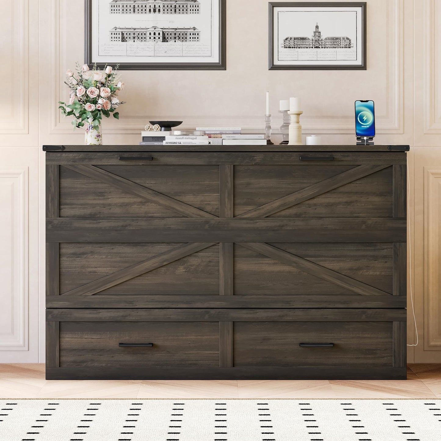 Merax Farmhouse Wood Murphy Bed Chest with Charging Station, Foldable Wall Platform Bed with Storage Drawer/Space Saving/Wood Slat Support/Queen, Gray