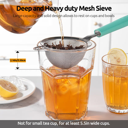 U-Taste Small Fine Mesh Strainer: 18/8 Stainless Steel 3.35in 30 Mesh Kitchen Food Sieve with Sturdy Riveted Silicone Handle, Heavy Duty Deep Handheld Metal Colander for Tea, Juice (Aqua Sky)