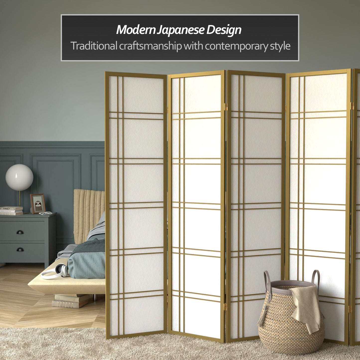 Red Lantern 6 ft. Tall Double Cross Shoji Screen - Gold - 5 Panels