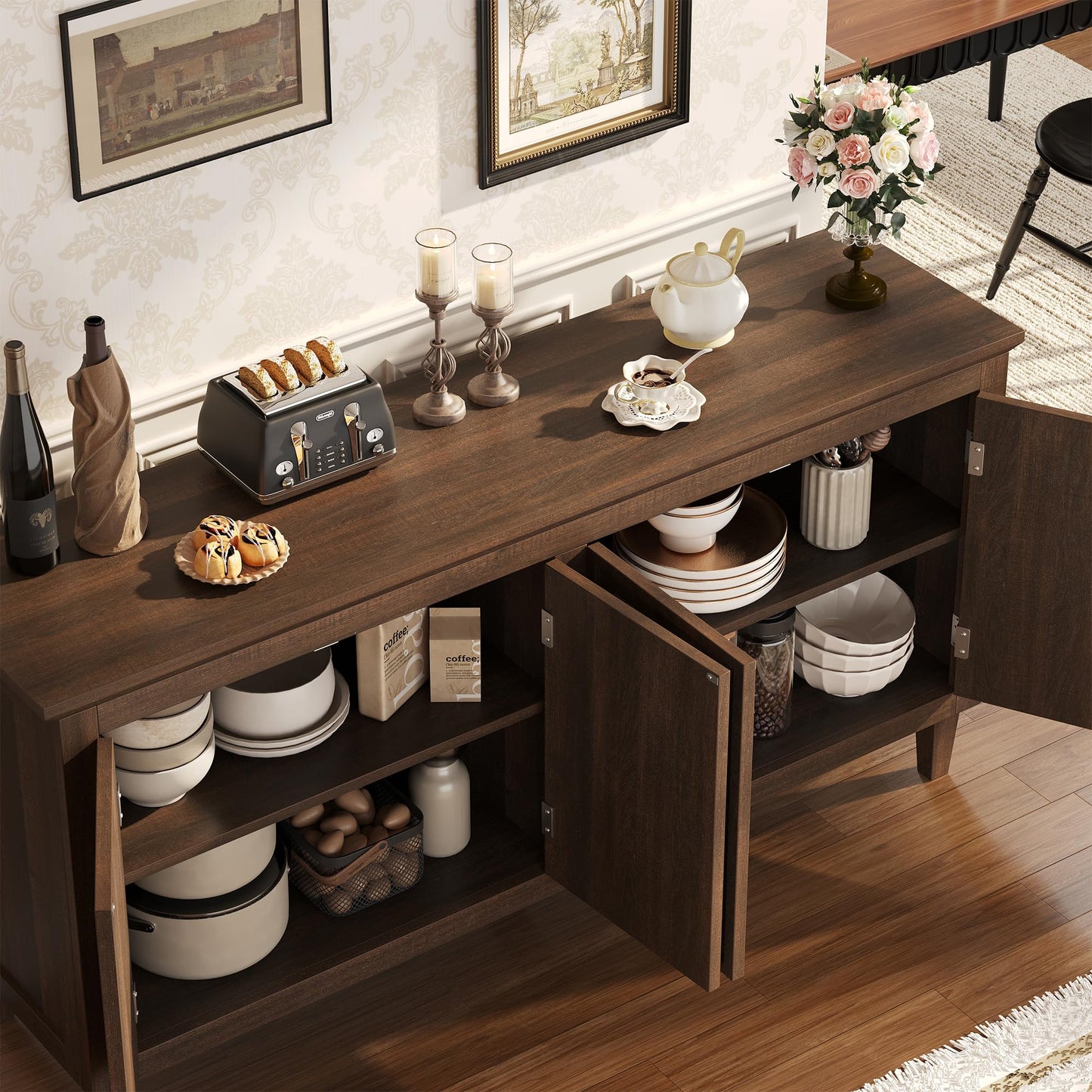 knoworld 60" Mid Century Sideboard Cabinet with 4 Doors,Solid Wood Storage Buffet Cabinet& Coffee Station,Organization Console for Dining Room & Living Room