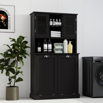 Sang Seiyoga Tilt Out Laundry Hamper Cabinet, Double Compartment Sorter Tall Organizer with 2 Adjustable Shelves & Top Shelf, Space Efficient for Bathroom/Dorm, Easy Clean Interior Black